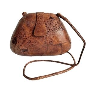 Vintage Frog Skin Purse Brown Leather Hard Sided Shoulder Bag Clutch Retro Mod